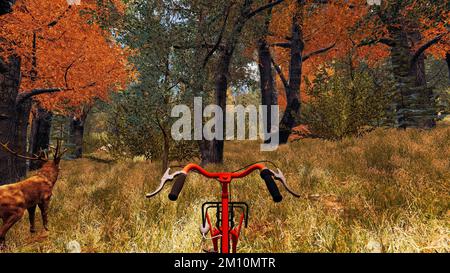 Red bike nell'ambiente digitale sul rendering 3D per lo sviluppo sostenibile Foto Stock