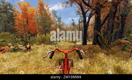 Red bike nell'ambiente digitale sul rendering 3D per lo sviluppo sostenibile Foto Stock