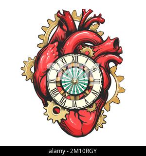 Tatto di cuore meccanico con quadrante orologio e ingranaggi isolati su bianco. Illustrazione vettoriale. Illustrazione Vettoriale