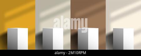 Set di 3D realisticamente bianco piattaforma da podio piedistallo piedistallo display a forma di cubo con illuminazione e finestra ombra su giallo, marrone colori beige sfondo m Illustrazione Vettoriale