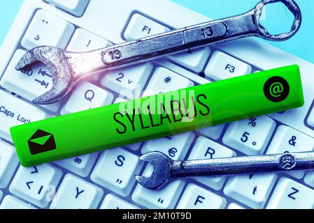 Ispirazione che mostra il segno di Sillabus. Parola per una sintesi di un discorso, di un trattato o di requisiti di esame Foto Stock