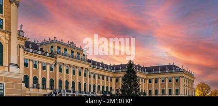 VIENNA, AUSTRIA - 25 NOVEMBRE 2022: Palazzo Schönbrunn e il suo albero di Natale al tramonto. Tradizionale panorama del mercatino di Natale al Castello di Sissi Foto Stock