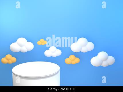 3d resa del podio con nuvole morbide su sfondo cielo blu. Concetto minimo. Scena per la pubblicità, prodotti cosmetici, vetrina, crema, rivista Foto Stock