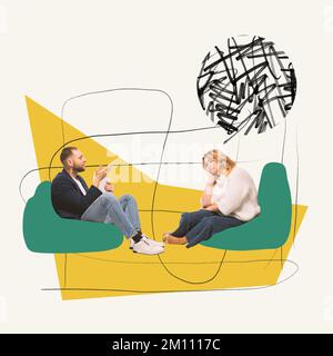 Collage d'arte contemporanea. Uomo, psicologo che parla con una donna disperata, contribuendo a ridurre i pensieri aggrovigliati. Recupero mentale Foto Stock