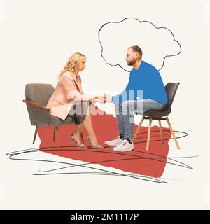 Collage d'arte contemporanea. Uomo che frequenta psicologo. Conversazione utile. Supporto e assistenza professionale Foto Stock