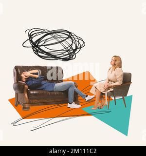 Collage d'arte contemporanea. Uomo che soffre di depressione e di rottura. Visita psicologo, terapia Foto Stock