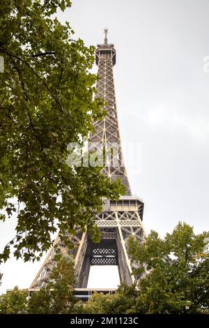 La Torre Eiffel visto attraverso gli alberi a Parigi Francia Foto Stock