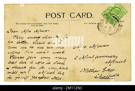 Retro della cartolina originale dell'epoca edoardiana (timbro verde a metà penny del re Edoardo VII) datato / pubblicato il 20 novembre 1906, Sheffield, Inghilterra, Regno Unito Foto Stock