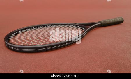 Sport e stile di vita sano. Tennis. Racchetta da tennis su campo in argilla background sportivo con concetto di tennis, Illustrazione, animazione rendering 3D Foto Stock