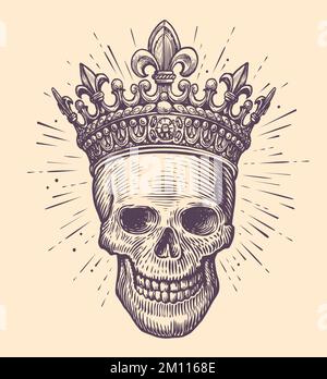 Cranio umano con corona del re. Disegno disegnato a mano in stile vintage. Illustrazione vettoriale del tatuaggio disegnato a mano Illustrazione Vettoriale
