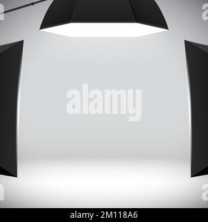 Studio fotografico sfondo bianco con soft box. Impostazione professionale per lo scatto di foto con luci da studio e un realistico mockup vettoriale. Illustrazione Vettoriale