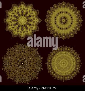 Set di ornamenti geometrici a cerchio giallo. Guilloche Gold Rosette isolato. Decorazioni rotonde ornamentali Illustrazione Vettoriale