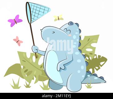 Un piccolo dinosauro blu cattura farfalle colorate con una rete Illustrazione Vettoriale