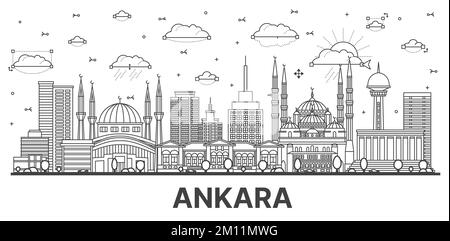 Delineare lo skyline di Ankara Turkey City con edifici storici isolati su White. Illustrazione vettoriale. Il paesaggio urbano di Ankara con i suoi punti di riferimento. Illustrazione Vettoriale