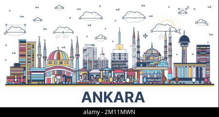 Delineare lo skyline di Ankara Turkey City con edifici storici colorati isolati su bianco. Illustrazione vettoriale. Il paesaggio urbano di Ankara con i suoi punti di riferimento. Illustrazione Vettoriale