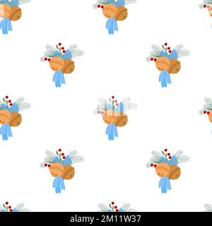 Campana di Natale con rami di abete, arco senza cuciture modello semplice illustrazione vettoriale in stile doodle piatto Natale decorazione vacanza, Capodanno festivo immagine disegnata a mano per il tessile, carta regalo Illustrazione Vettoriale