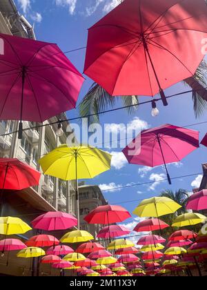 Ombrelli rivestimento Caudan Waterfront - sviluppo commerciale a Port Louis, Isola Mauritius, Africa Foto Stock