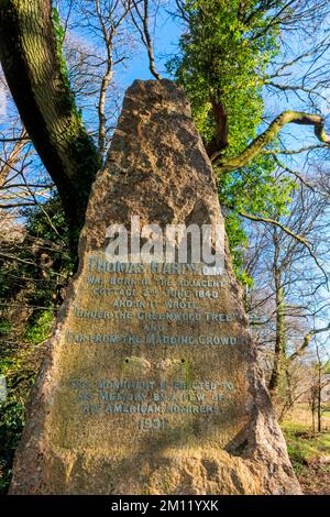 Inghilterra, Dorset, Dorchester, Hardy's Cottage, Ligher Bockhampton Village, Luogo di nascita dell'autore inglese Thomas Hardy, Thomas Hardy Memorial Monument donato dai suoi ammiratori americani nel 1931 Foto Stock