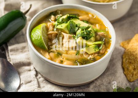 Chili con carne di pollo bianco fatti in casa con patatine di tortilla Foto Stock