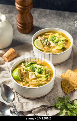 Chili con carne di pollo bianco fatti in casa con patatine di tortilla Foto Stock