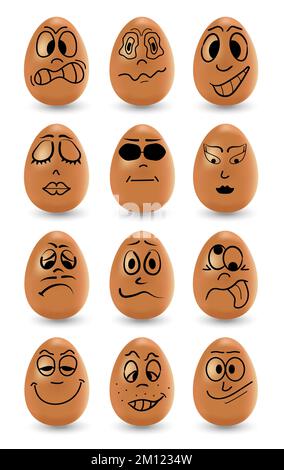 Carino uova di Pasqua con grimaces set vettore. Uova di Pasqua felici e tristi con emozioni. Uova marroni realistiche. Illustrazione Vettoriale