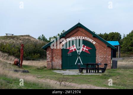 Stazione di soccorso dei vigili del fuoco, isola di Mandø, l'unica isola di marea della Danimarca, Mandø, Danimarca Foto Stock