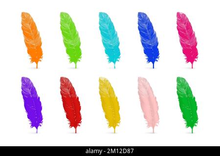 Vector 3D realisticamente multicolore soffice Feather Set isolato su sfondo bianco. Modello di disegno di Flamingo, Angelo, uccello piume dettagliate Illustrazione Vettoriale