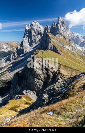 Europa, Italia, Alpi, Dolomiti, Monti, Alto Adige, Val Gardena, Geislergruppe / Gruppo delle Odle, Vista da Seceda Foto Stock