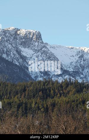 La catena montuosa innevata del Tantalo si vede dalla diga Eagle Run di Brackendale, Squamish, British Columbia, Canada Foto Stock