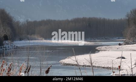 Paesaggio invernale della diga Eagle Run a Brackendale, Squamish, British Columbia, Canada Foto Stock