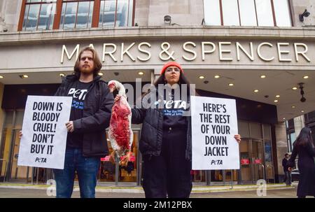 Londra, Regno Unito. 9th dicembre 2022. Gli attivisti DI PETA hanno tenuto un modello di 'goose de 'dead' e dei cartelli che dicono 'Ecco il resto della vostra giacca in giù' e 'giù è crudele sanguinoso, non comprarlo' al di fuori del negozio Marks & Spencer di Oxford Street. L'azione fa parte della campagna PETA che invita i negozi a smettere di immagazzinare prodotti come giacche e cuscini contenenti piume e a incoraggiare gli acquirenti a rifiutare prodotti contenenti piume. PETA ha descritto l'industria del ribasso come "crudele egregiosamente” e ha criticato i cosiddetti "marchi di garanzia decettiva” sui prodotti del ribasso. Foto Stock