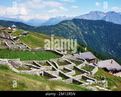 Recinto in muratura a secco per la gestione tradizionale dei pascoli alpini, originariamente utilizzato per il pascolo del bestiame, Belalp, Canton Vallese, Switze Foto Stock