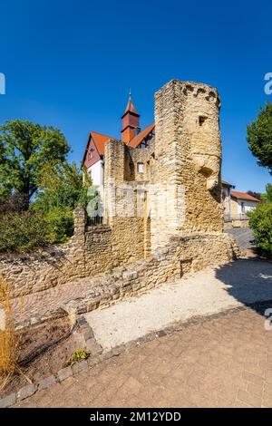 Porta Uffhub con vecchia centrale elettrica a Ingelheim am Rhein, parte delle fortificazioni della città sud-occidentale del 14th ° secolo, torre conchiglia con arco e merlature Foto Stock