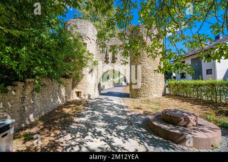 Ohrenbrücker Tor a Ingelheim, Rheinhessen, storica porta della città come parte delle fortificazioni della città, progettato come una torre a tazza con un naso a pece e merlature Foto Stock