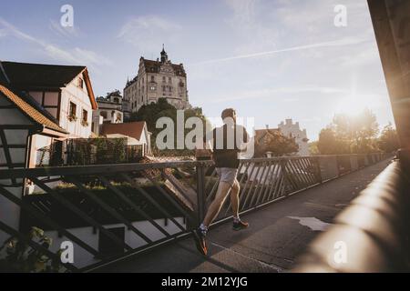 Germania, Baden-Wuerttemberg, Sigmaringen, Hohenzollern castello, jogger Foto Stock