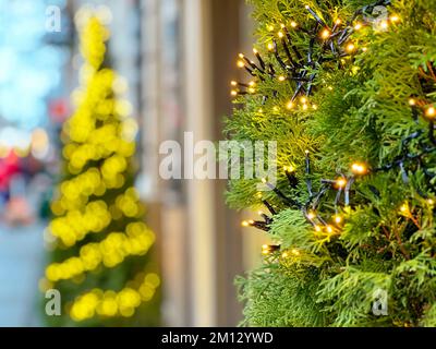 Una serie di luci illumina i rami come decorazione a natale di fronte a un negozio, primo piano Foto Stock