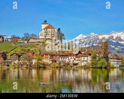 Castello di Werdenberg con il centro storico sul lago di Werdenberg, Werdenberg, Grabs, Canton San Gallo, Svizzera, Europa Foto Stock