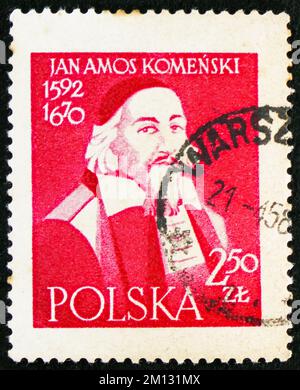 MOSCA, RUSSIA - 29 OTTOBRE 2022: Francobollo stampato in Polonia mostra Jan Amos Komensky (Comenius) (1592-1670), filosofo ceco, circa 1957 Foto Stock