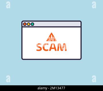 Avviso di truffa, errore di sistema, pagina rotta sul design del logo della finestra del browser. Messaggio di notifica sullo schermo del dispositivo. Concetto di truffa online per il phishing dei dati. Illustrazione Vettoriale