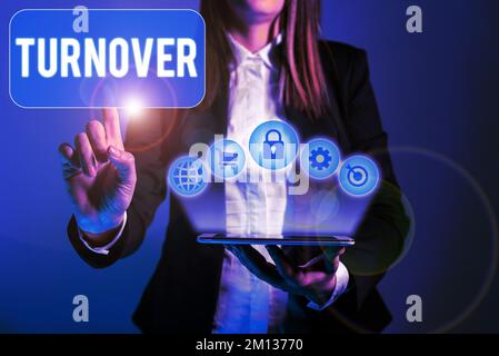 Testo che mostra il turnover dell'ispirazione. Concetto che indica la percentuale di lavoratori che lasciano un'organizzazione Foto Stock