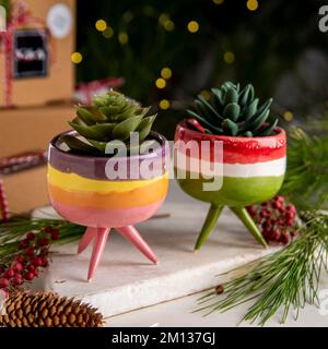 vasi di fiori in ceramica con scatole da regalo e decorazioni natalizie Foto Stock