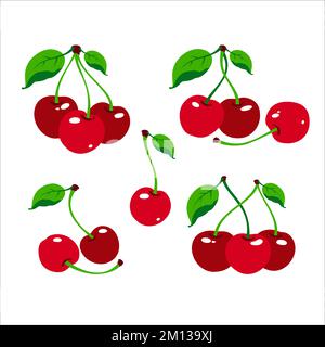 Logo Cherry. Ciliegia con foglie. Bacche isolate su sfondo bianco. Raccolta di diverse ciliegie fresche. Illustrazione vettoriale. Illustrazione Vettoriale