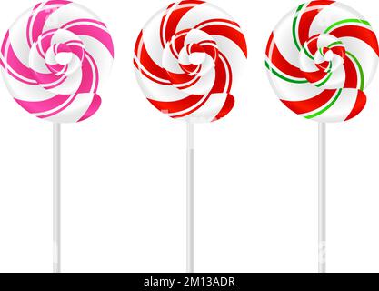 Set di lollipop colorati a strisce a spirale realistici su bastoncini bianchi isolati su sfondo bianco. Illustrazione vettoriale. Illustrazione Vettoriale