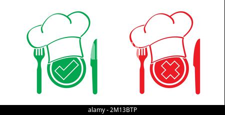 Alimenti sicuri e pericolosi sicurezza alimentare, pronti a mangiare facile preparazione alimenti icona Vector logo segno per cena, colazione, pranzo dieta sana forchetta e coltello Foto Stock