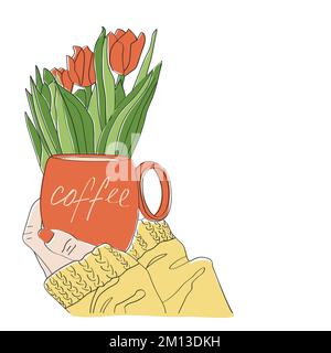 Tazza in mani e fiori (tulipani). Libro di colorazione vettoriale nello stile di schizzo. Illustrazione Vettoriale