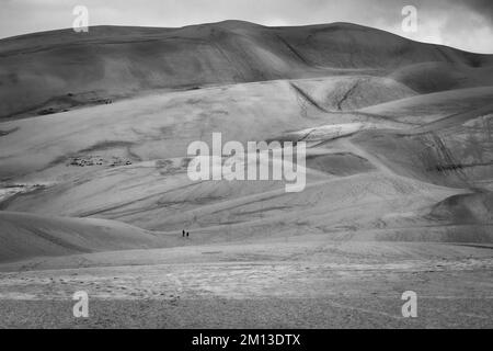 I visitatori iniziano la loro escursione fino alla duna alta 500 metri al Great Sand Dunes National Park in Colorado. Foto Stock