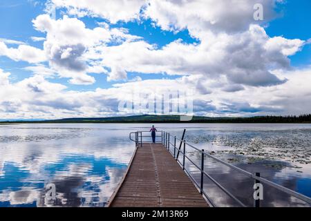 Donna solista sul molo; campeggio sul lago Deadman; riserva naturale nazionale di Tetlin; Alaska; USA Foto Stock