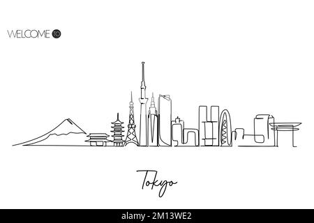 Disegno a linea continua dello skyline di Tokyo in Giappone. Destinazione turistica famosa in tutto il mondo. Semplice disegno di stile disegnato a mano per viaggi e turismo promozione Illustrazione Vettoriale