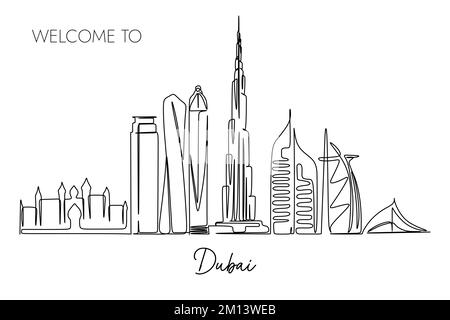 Un disegno a linea continua dello skyline della città di Dubai. Destinazione turistica famosa in tutto il mondo. Semplice disegno di stile disegnato a mano per viaggi e turismo promozione Illustrazione Vettoriale