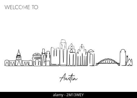 Un disegno a linea continua dello skyline della città di Austin. Famosa destinazione turistica negli Stati Uniti. Semplice disegno di stile disegnato a mano per viaggi e turismo promozione Illustrazione Vettoriale